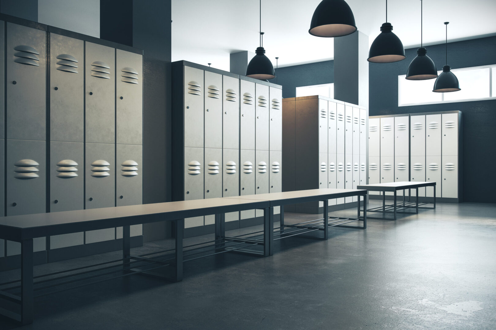 Contemporary locker room gym school interior. 3D Rendering