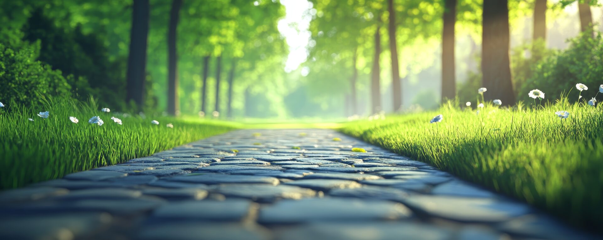 Sunlit cobblestone path through lush green forest
